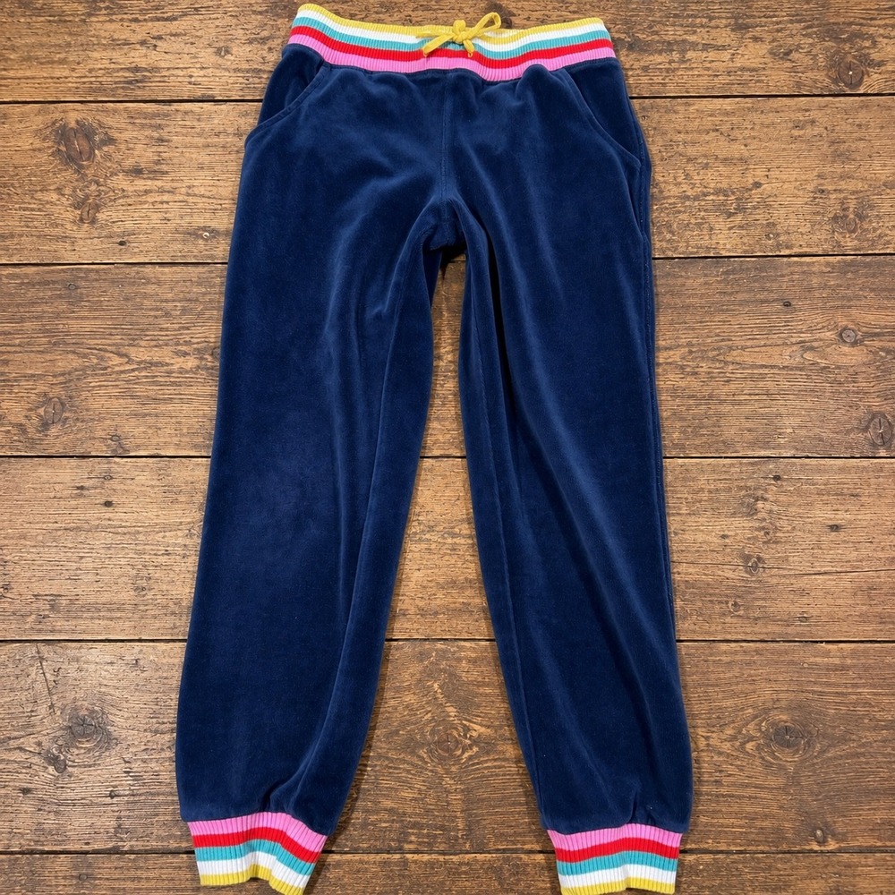 Mini Boden Girls Navy Blue Velour Rainbow Striped Joggers 9Y Cozy 134cm